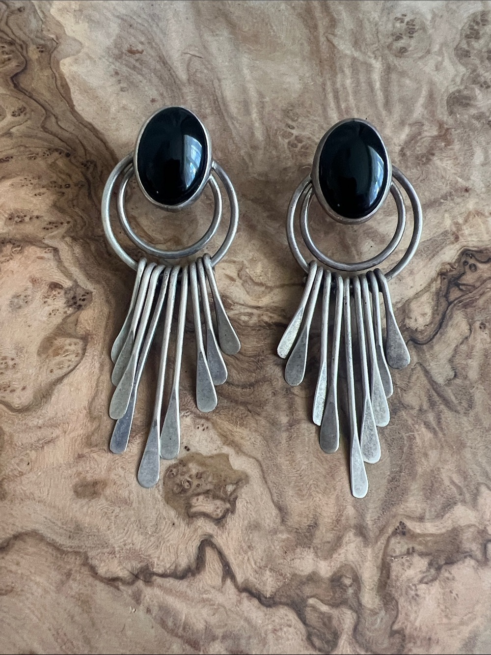 Vintage Taxco Mexican 925 Sterling Silver Fringe Drop Earrings with Black Onyx
